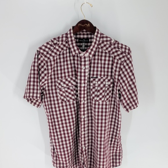 Marc Ecko Cut & Sew Short Sleeve Gingham Checks Button-Up Shirt Red White Size L - Picture 1 of 7